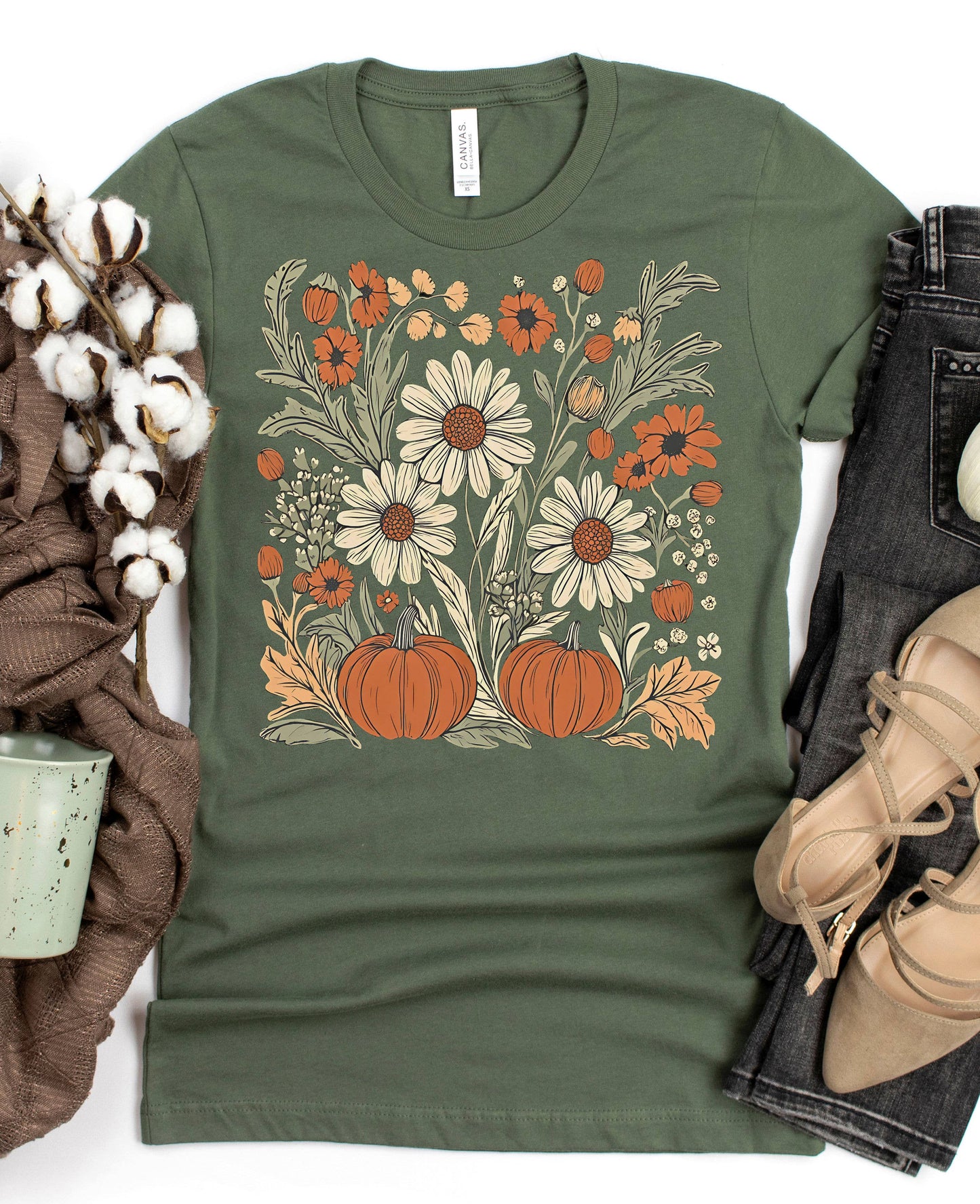 Fall Flowers Pumpkin Shirt, Retro Fall Daisies Belle Canvas Brand flowers