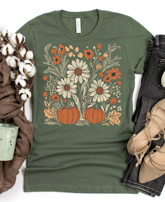 Fall Flowers Pumpkin Shirt, Retro Fall Daisies Belle Canvas Brand flowers
