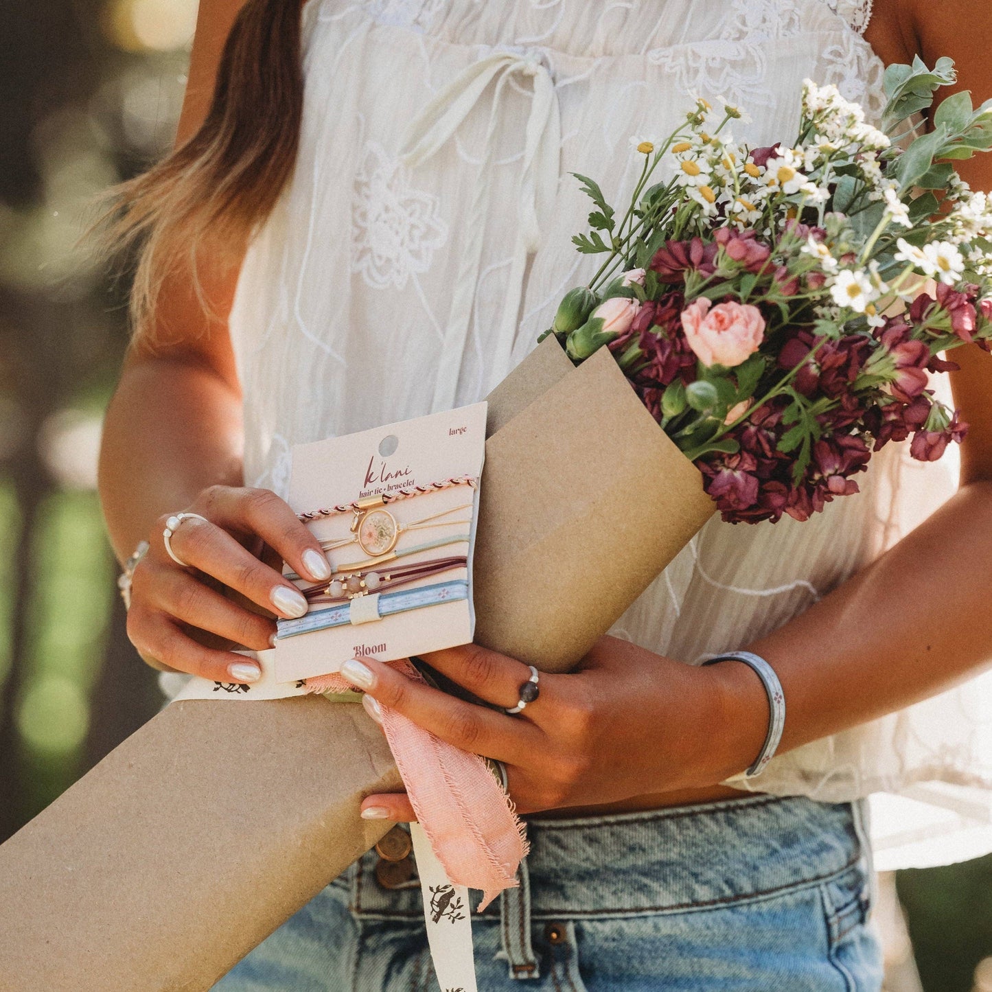 K'lani hair tie bracelets - "Bloom" Maroon and Pink with Pressed Flowers Hair Tie Bracelets