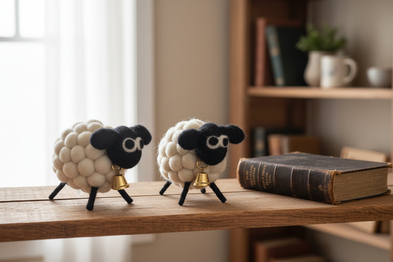 Felted sheep off white with black face and gold bell Made in Napal