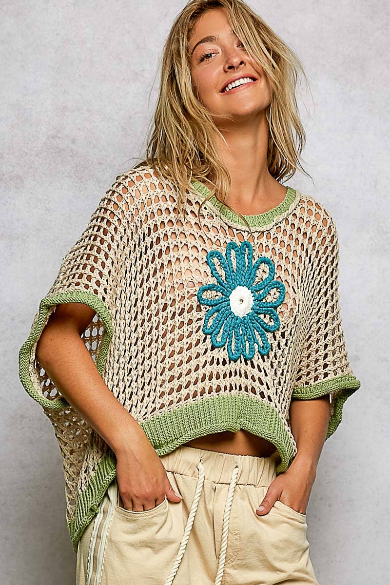 Pol Clothing - Round Neck Sleeveless Floral loose weave crochet large daisy green natural blue