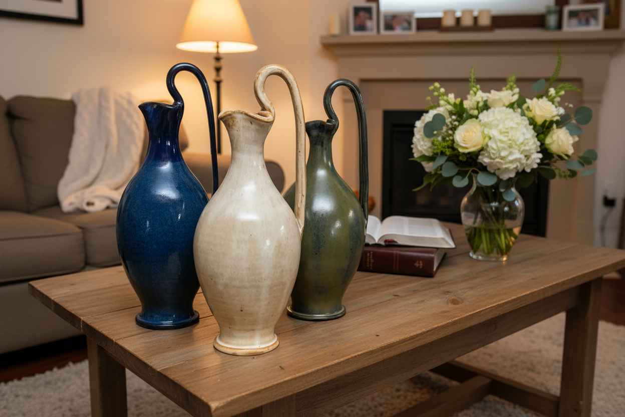 Biblical Rebekah Pitcher. Small pottery pitcher with handle. Living water