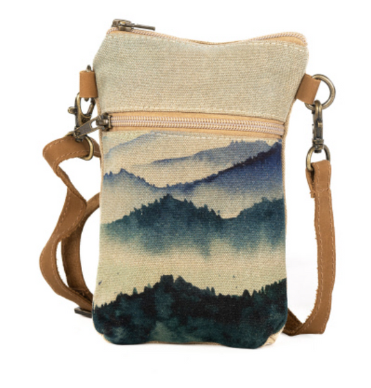 Mountain scene cellphone sling bag phone purse with long removable strap for iphone. Mountain art work on canvas