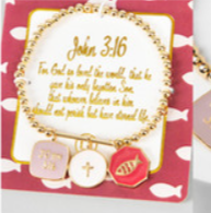 Stretch bracelet. John 3 16. For God so loved the world. Gold charm bracelets 3 token charms
