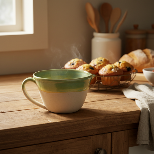 A large ceramic mixing bowl with a handle and pour spout, handmade pottery with a brown and green color.