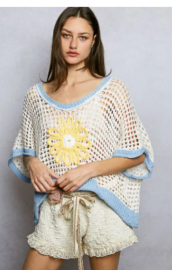 Pol Clothing -Round Neck Sleeveless Floral loose weave crochet large daisy white and blue yellow