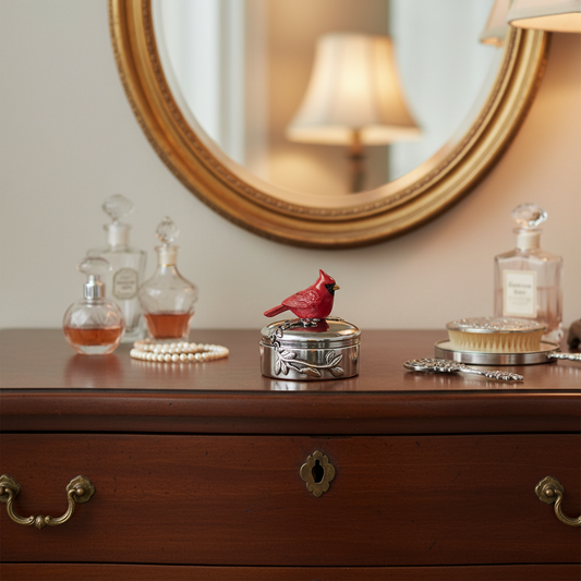Cardinal on hinged metal trinket box round with card you are in my prayers. Faith based gift