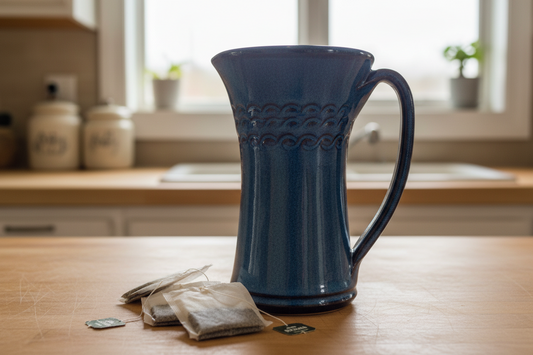 Coffee mug 12 ounces handmade with scroll design. Pottery tea cup