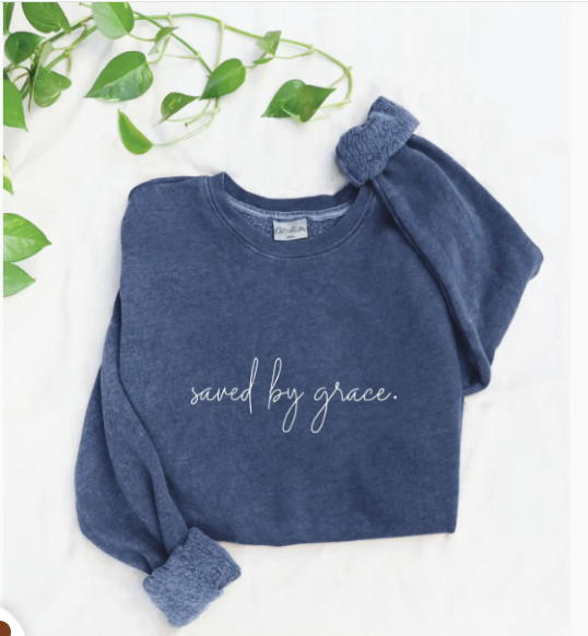 Sweatshirt Save by Grace  Jerzee  brand. Mineral washed graphic top in vintage denim blue
