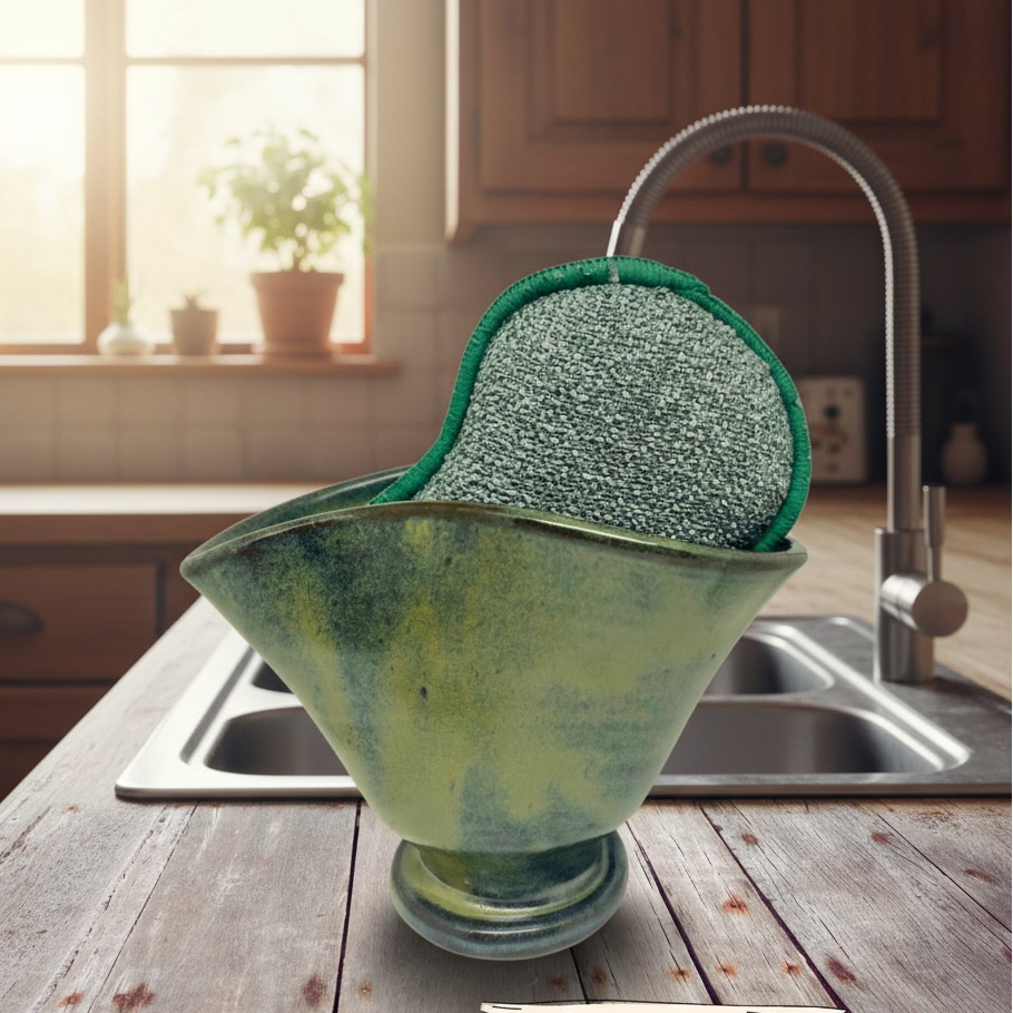 Scour scrubby pad holder for sink area. Pottery vase comes with a Euroscrubby