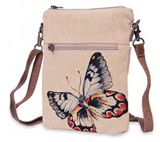 Butterfly sling bag purse with leather strap for cell phone Cotton canvas art work zippers and open pockets for large phones