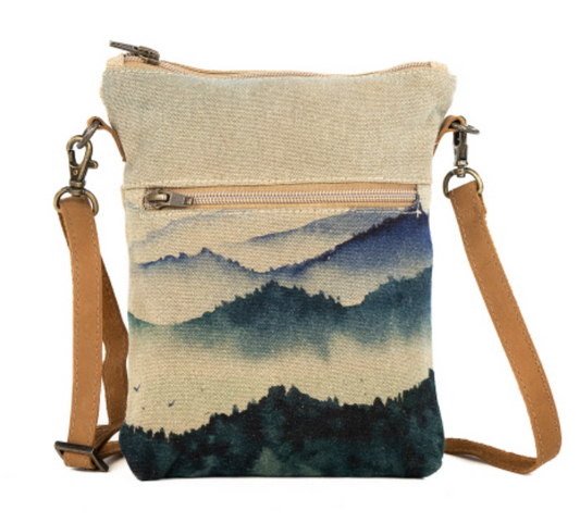 Mountain print sling bag purse with leather strap for cell phone Cotton canvas art work zippers and open pockets for large phones