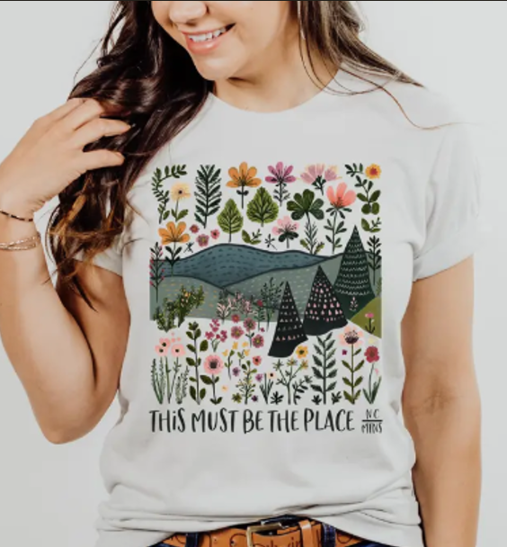 NC mountain tee shirt unisex. Trees and mountains flowers.  Off white short sleeve Belle Canvas brand