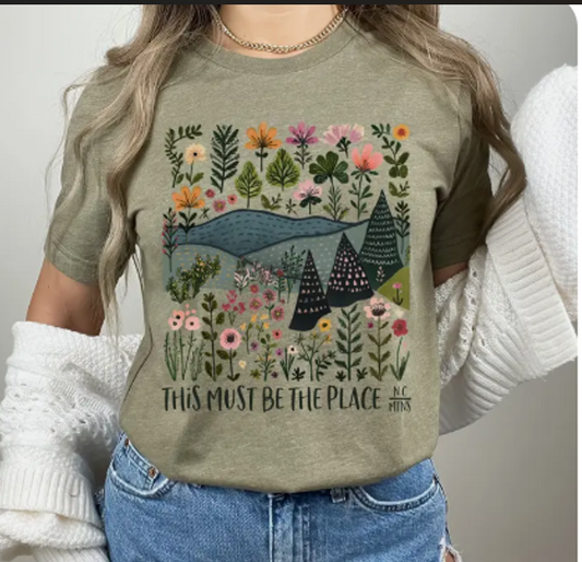 NC mountain tee shirt unisex. Trees and mountains flowers.  Light green short sleeve Belle Canvas brand