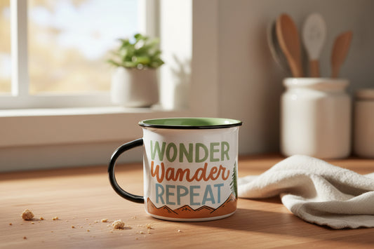 Ceramic mug 16 ounce with mountains reads Wander, Wonder, Repeat.