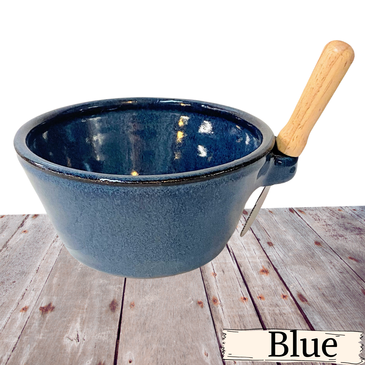 Pottery bowl with loop handle for knife. Spreader cup for jams sauces dips and charcuterie boards.