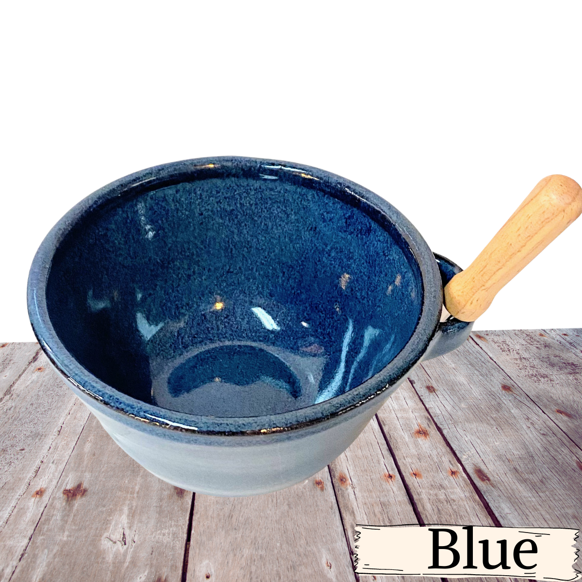 Pottery bowl with loop handle for knife. Spreader cup for jams sauces dips and charcuterie boards.