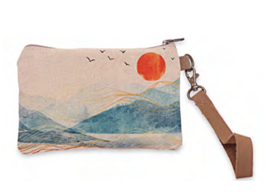 Zipper wristlet with beach scene. Lined and real leather strap. Sunshine and waves. Cotton canvas artwork on lined wallet. (Copy)