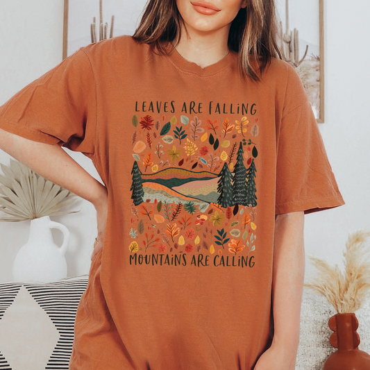 NC mouuntain tee shirt unisex. Trees and mountains and fall leaves. Orange Comfort Colors tee for Fall