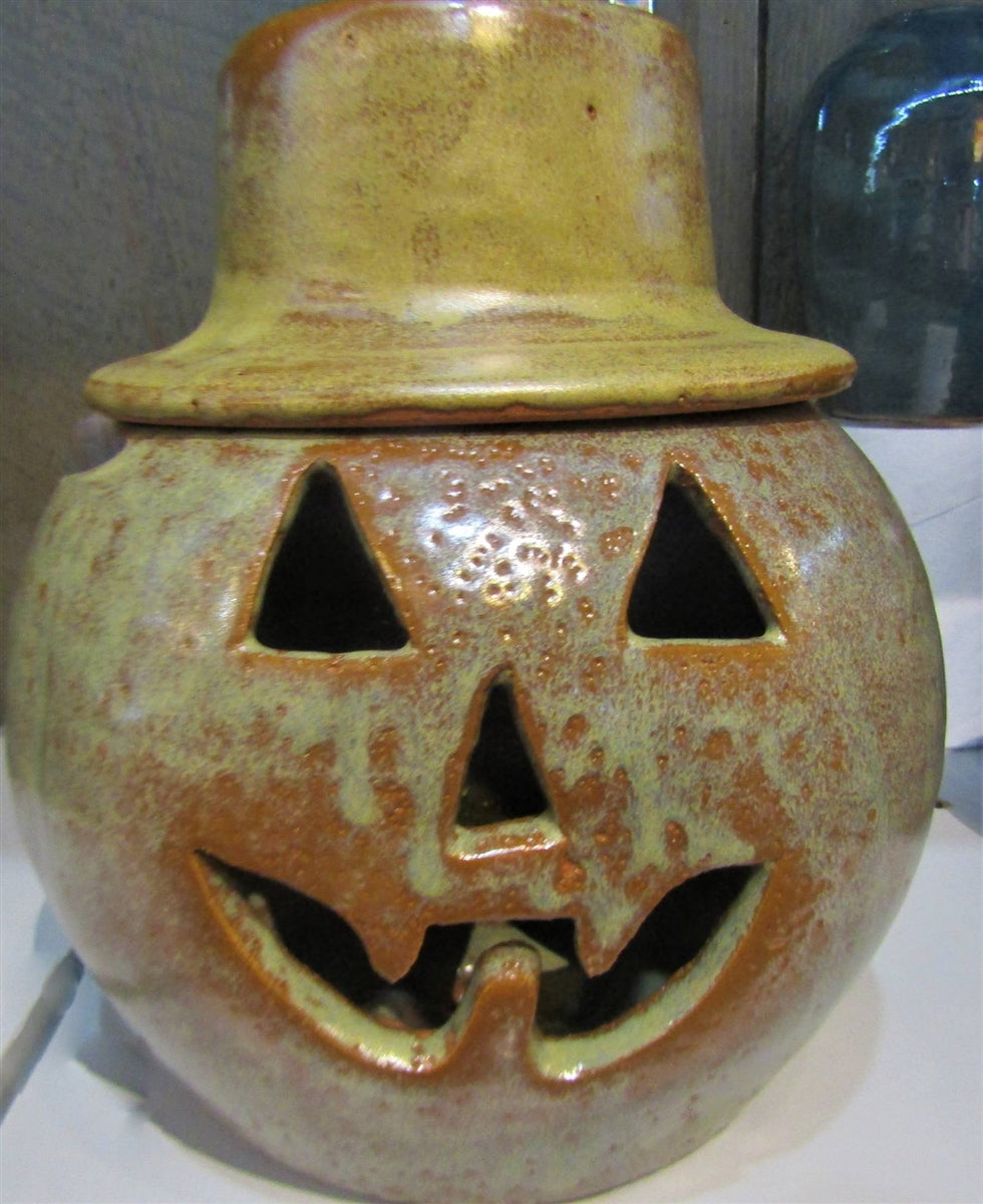 Jack o lantern ceramic removable hat for candle or lights Halloween decor for outdoors or inside. Fall decorations