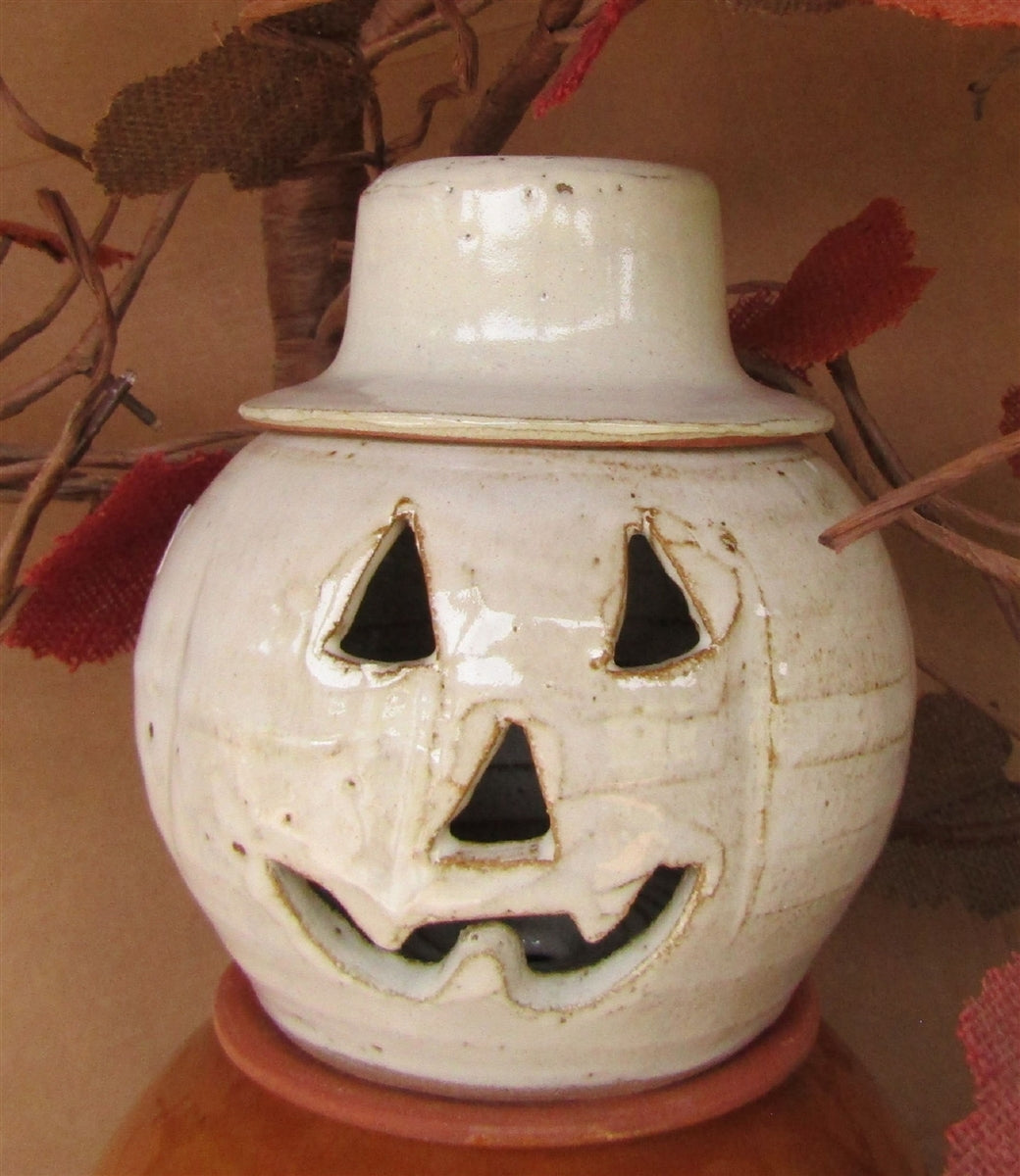 Jack o lantern ceramic removable hat for candle or lights Halloween decor for outdoors or inside. Fall decorations