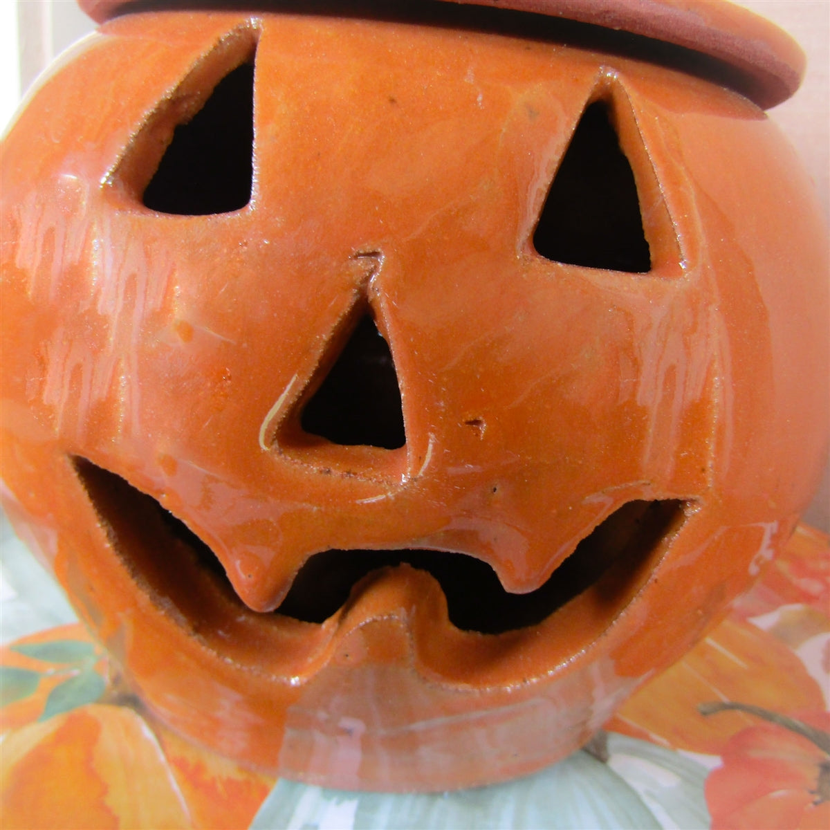 Jack o lantern ceramic removable hat for candle or lights Halloween decor for outdoors or inside. Fall decorations