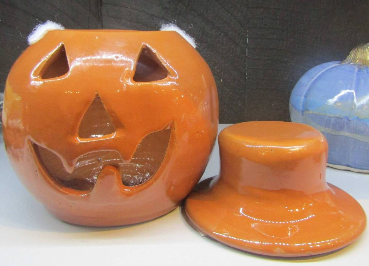 Jack o lantern ceramic removable hat for candle or lights Halloween decor for outdoors or inside. Fall decorations