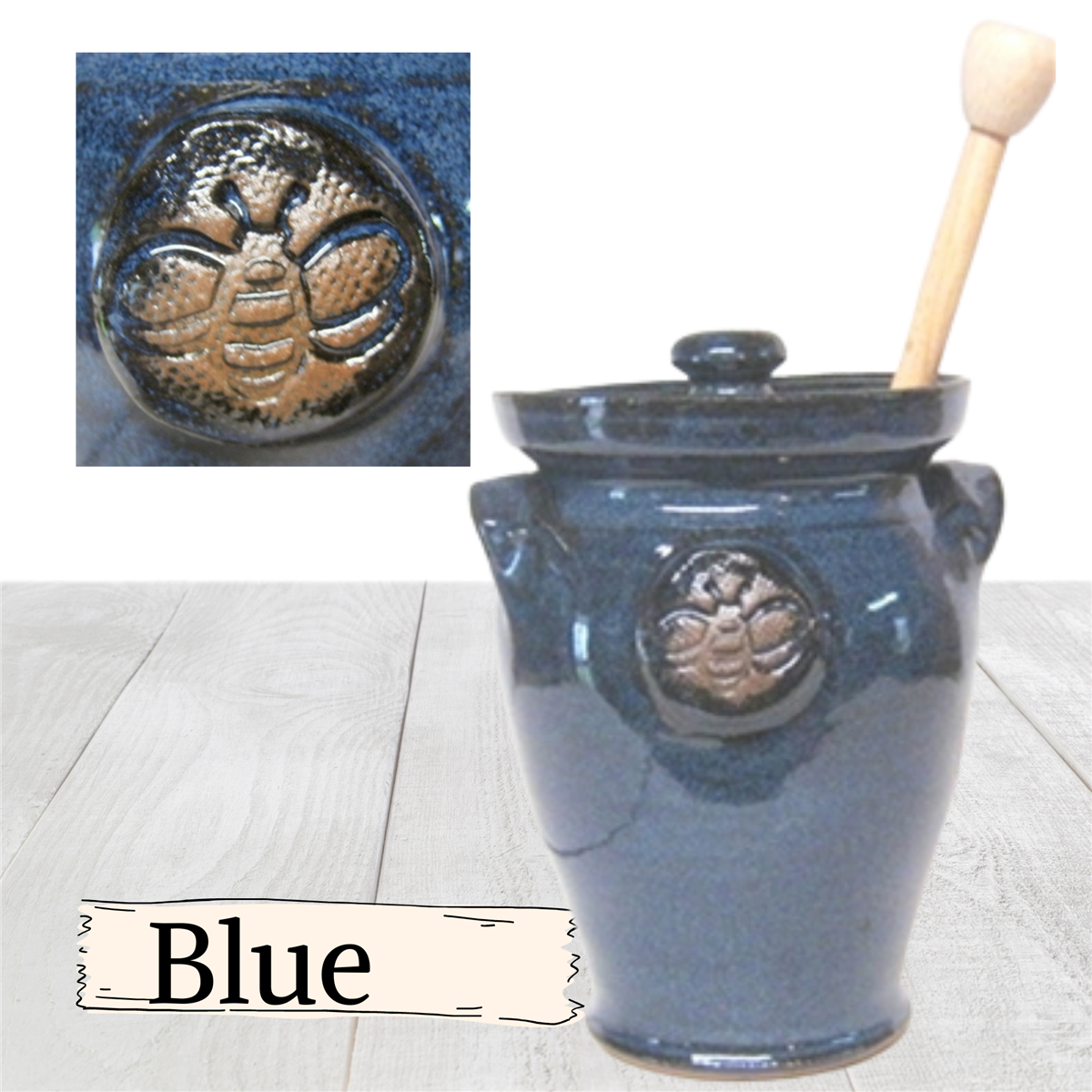 Large honey pot with bee impression. Hand made pottery. Ceramic storage jar with lid.