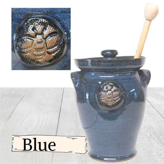 Large honey pot with bee impression. Hand made pottery. Ceramic storage jar with lid.