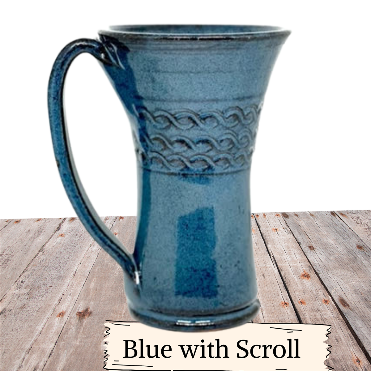 Coffee mug 12 ounces handmade with scroll design. Pottery tea cup