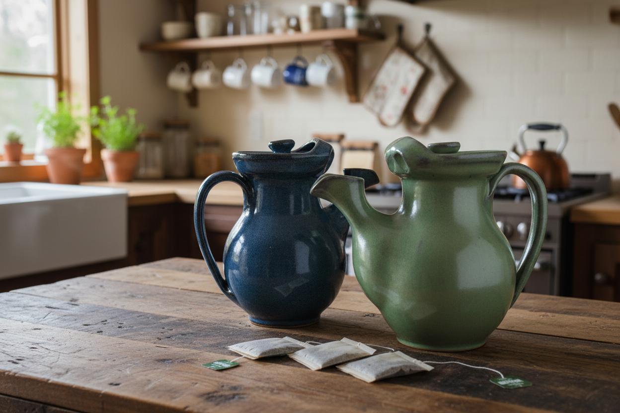 Two ceramic pitchers, one blue and one green, on a wooden surface.