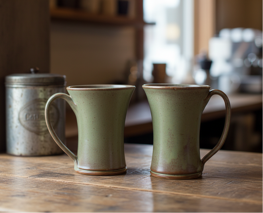Coffee mug 12 ounces pottery with handle handcrafted. Fits under one cup coffee makers