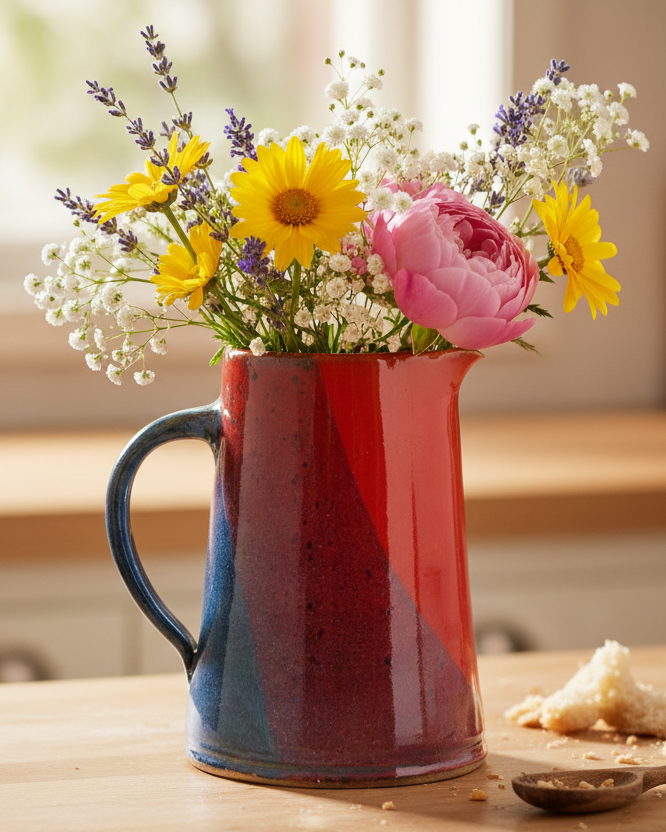 Large pottery pitcher with pour spout.  Hot or cold liquids.  For Tea or serving