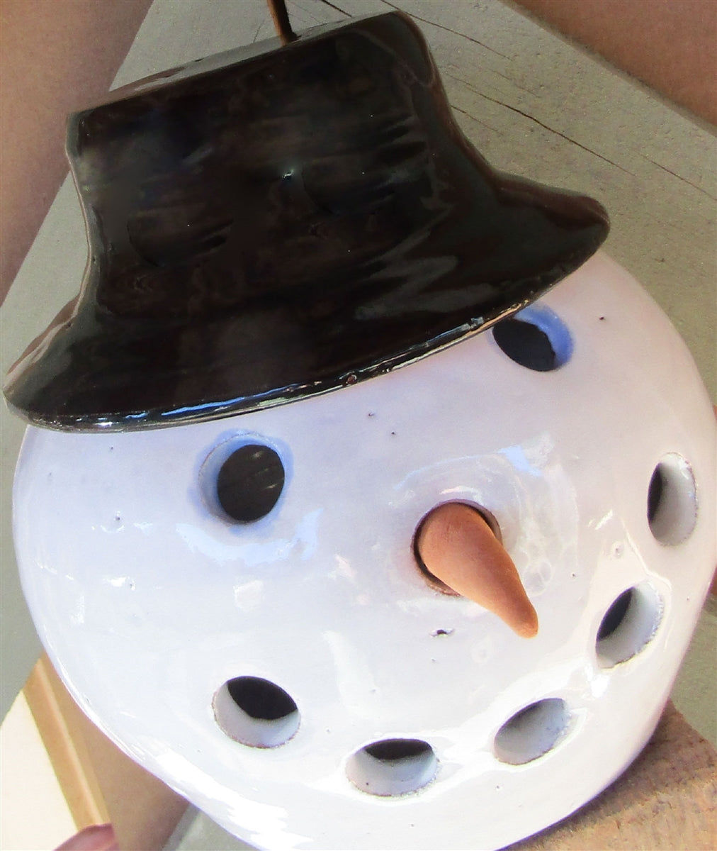 Snowman candle lantern pottery with removable hat ceramic lantern