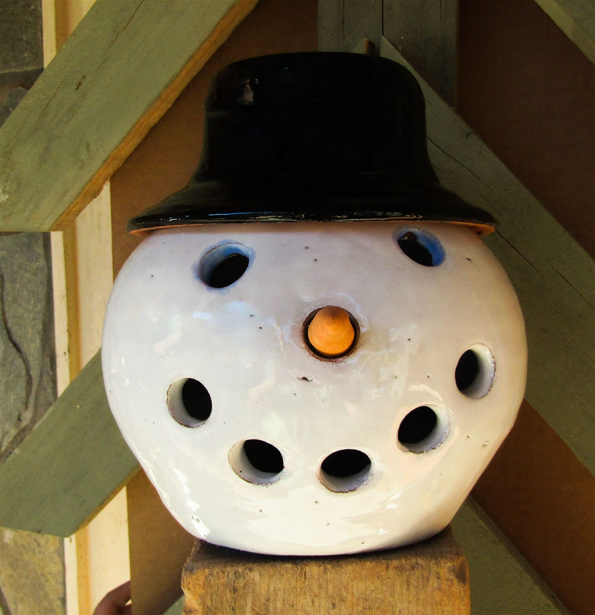 Snowman candle lantern pottery with removable hat ceramic lantern