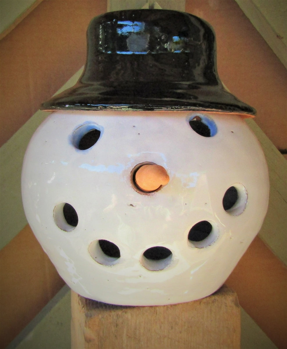 Snowman candle lantern pottery with removable hat ceramic lantern