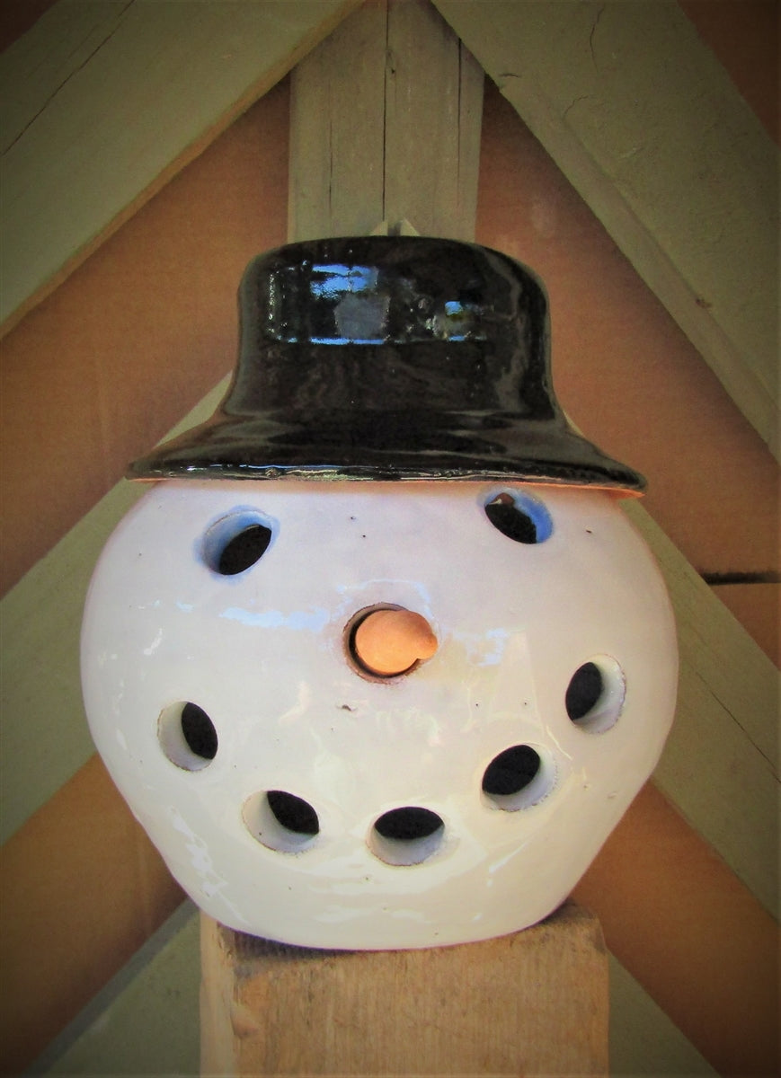 Snowman candle lantern pottery with removable hat ceramic lantern