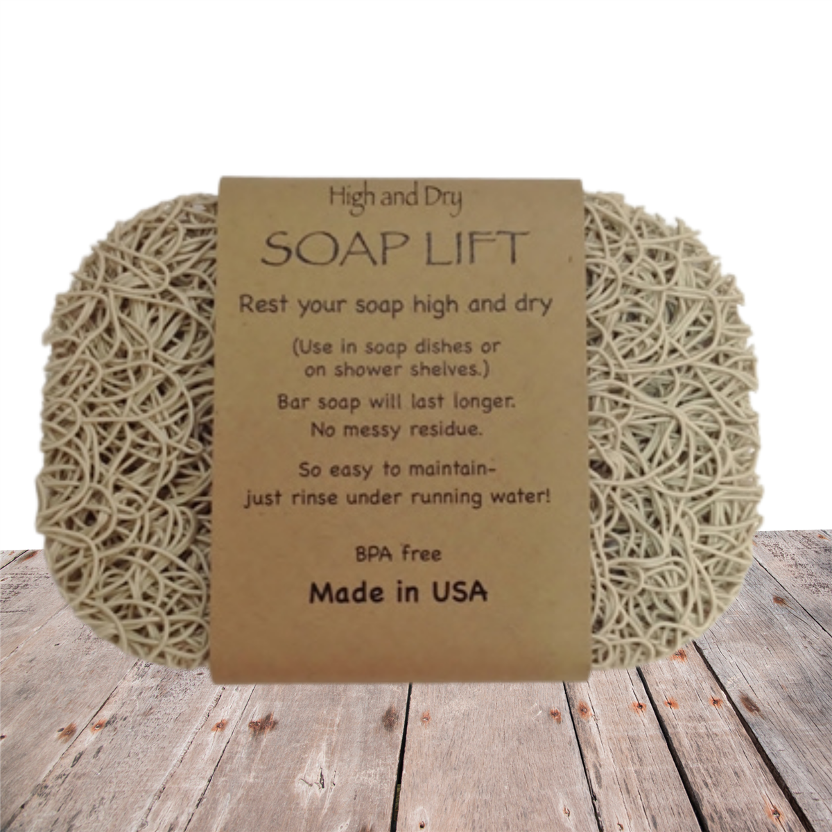 Soap lifts. Keeps soap high and dry. .Bar soap will last longer.